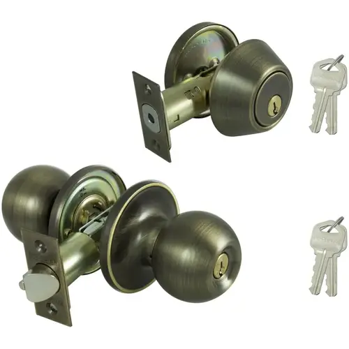 Deadbolt and Entry Lockset, 3 Grade, Saturn Handle, Keyed Alike Key, Brass, Antique Brass - pack of 2