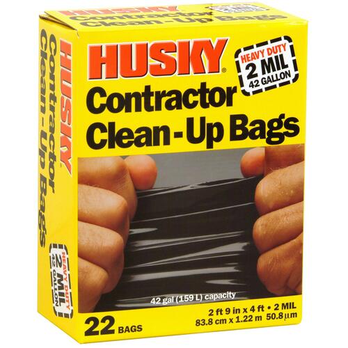 Contractor Clean-Up Bag, 42 gal Capacity, Poly, Black - pack of 22