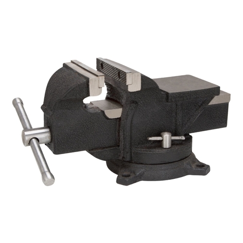 Bench Vise, 5 in Jaw Opening, 3/8 in W Jaw, 2.5 in D Throat, Cast Iron Steel, Serrated Jaw Black