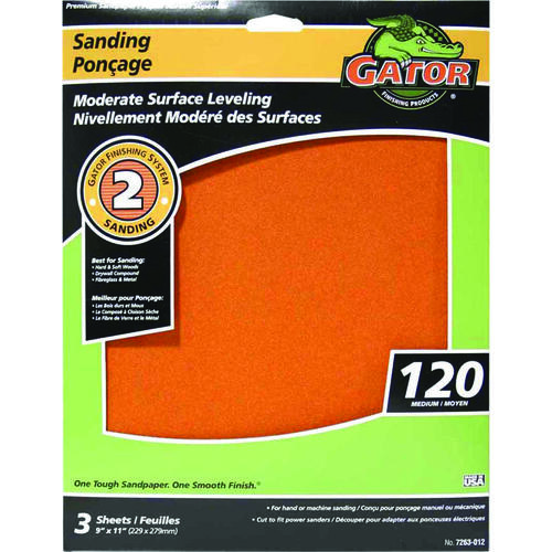 Sanding Sheet, 11 in L, 9 in W, Fine, 120 Grit, Aluminum Oxide Abrasive - pack of 3