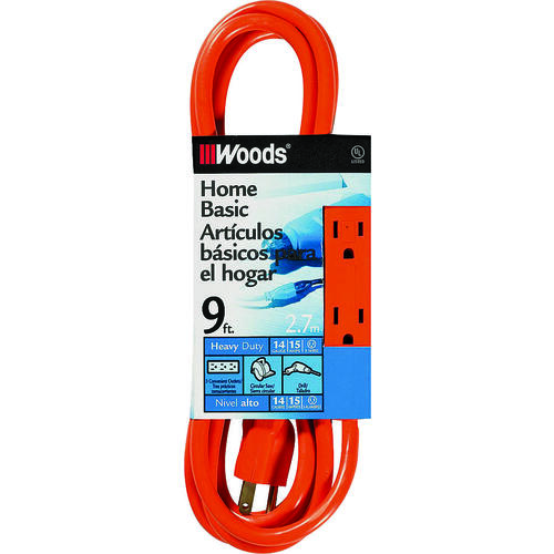 Extension Cord, 14 AWG Cable, 9 ft L, 15 A, Orange