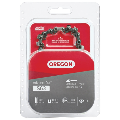 Oregon S63 AdvanceCut Chainsaw Chain, 18 in L Bar, 0.05 Gauge, 3/8 in TPI/Pitch, 63-Link