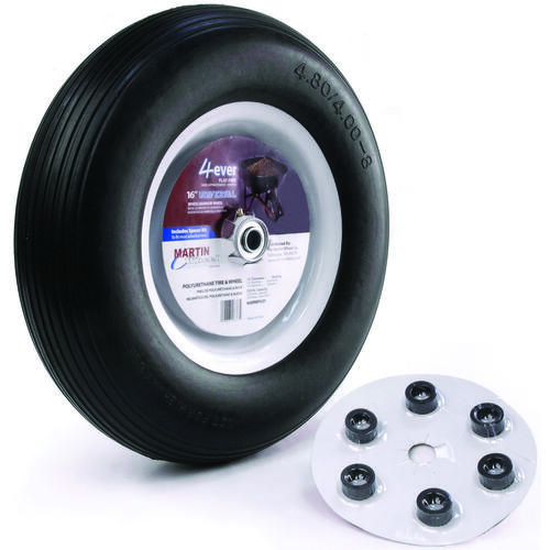 Wheelbarrow Wheel with Universal Hub, 4.8 x 4/8 in Tire, 16 in Dia Tire, Ribbed Tread