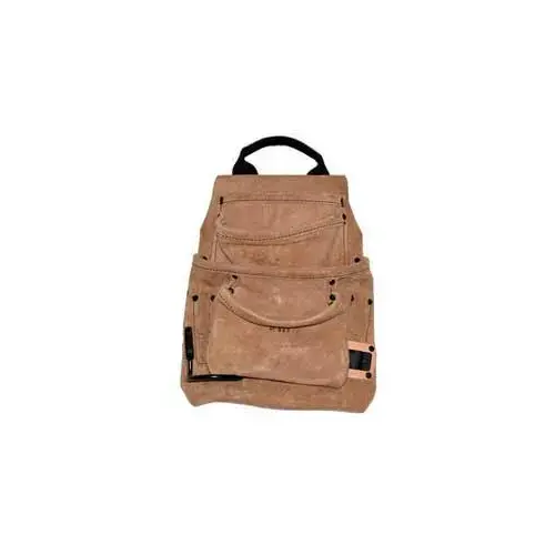 Tool Works Series Nail and Tool Bag, 16-3/4 in W, 16-3/4 in D, 10 in H, 10-Pocket, Suede Leather, Tan