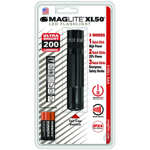 Maglite XL50-S3016 Flashlight, AAA Battery, Alkaline Battery, LED Lamp, 104 Lumens, Flood to Spot Beam, Black