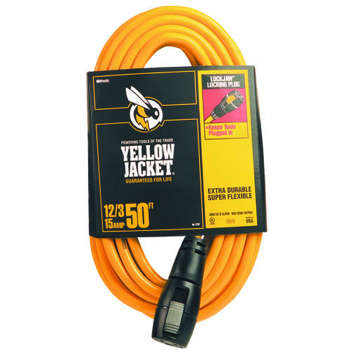Extension Cord, 12 AWG Cable, 50 ft L, 15 A, 125 V, Yellow
