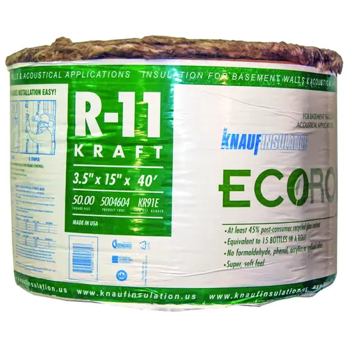 Knauf Insulation KR91E/TAK ECOROLL Insulation, 40 ft L, 15 in W, R11 R-Value, Fiberglass/Steel, Brown