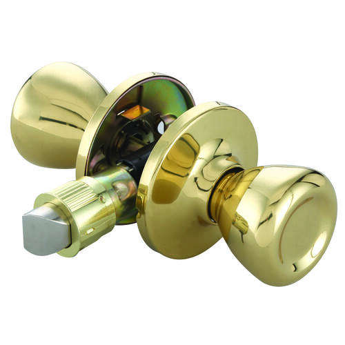 Mobile Home Passage Lockset, Knob Handle, Metal, Polished Brass, 2-3/8 to 2-3/4 in Backset