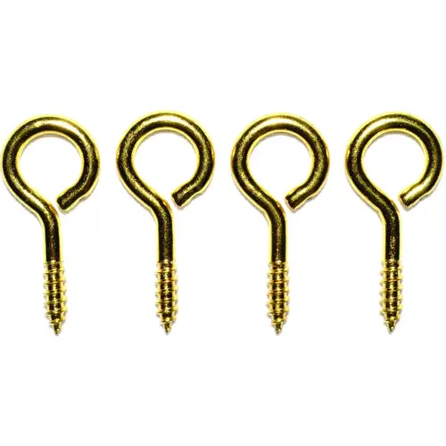 Screw Eye, 4 mm Dia Wire, 4 mm Thread, 15/32 in L Thread, 1-3/8 in OAL, Brass, Brass Plated Gold - pack of 4