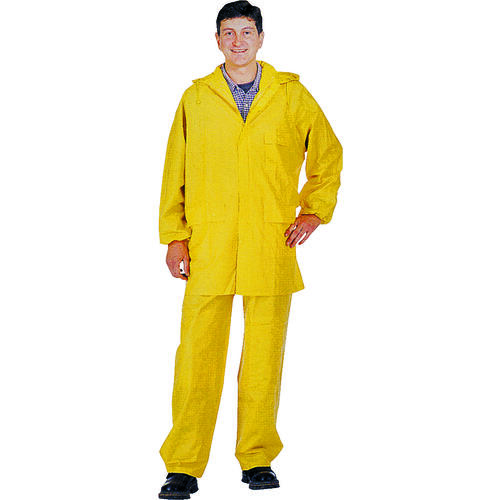 Rain Suit, L, 29-1/2 in Inseam, PVC, Yellow, Drawstring Collar, Zipper with Storm Flap Closure