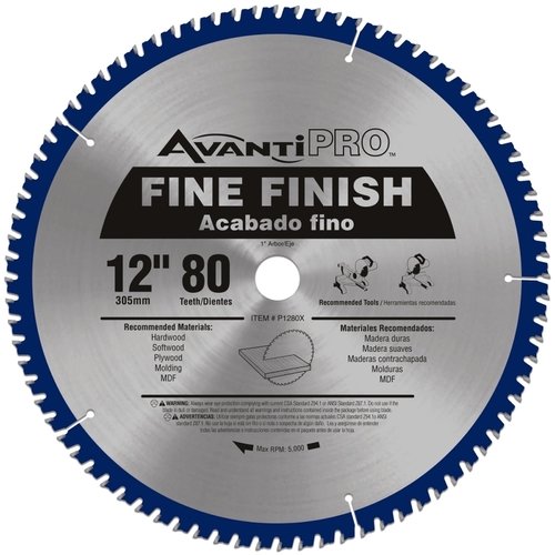 Avanti Pro P1280X Circular Saw Blade, 12 in Dia, 1 in Arbor, 80-Teeth, Carbide Cutting Edge