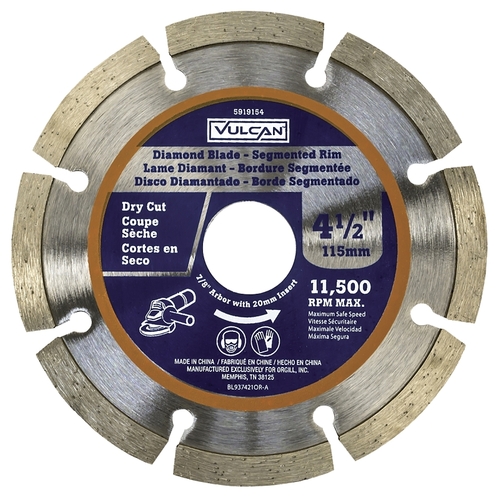 Diamond Blade, 4.5 in Dia, 7/8 in Arbor, Synthetic Industrial Diamond and 2% Cobalt Cutting Edge