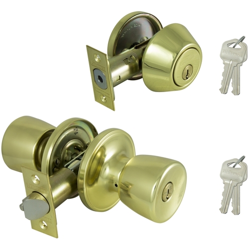 Deadbolt and Entry Lockset, 3 Grade, Tulip Handle, Keyed Alike Key, Brass, Polished Brass - pack of 12