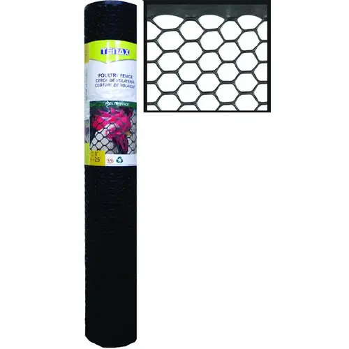 Tenax 206866 Poultry Fence, 25 ft L, 3 ft W, Hexagonal Mesh, 3/4 x 3/4 in Mesh, Plastic, Black
