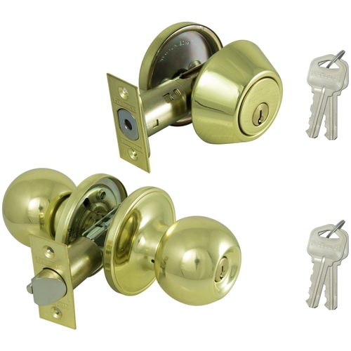 Deadbolt and Entry Lockset, 3 Grade, Saturn Handle, Keyed Alike Key, Brass, Polished Brass - pack of 12