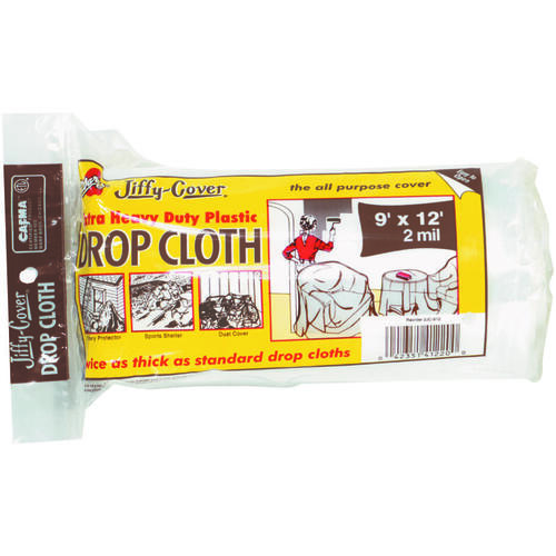 Drop Cloth, 12 ft L, 9 ft W, Plastic, Clear