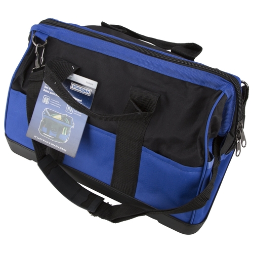 Contractor's Tool Bag, 9-1/2 in W, 17 in D, 12 in H, 22-Pocket, Nylon, Black/Blue