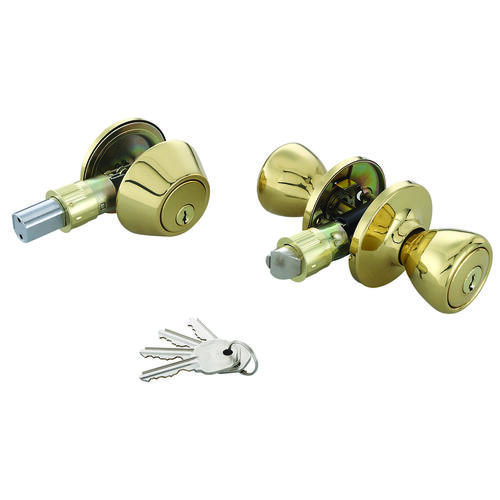 Mobile Home Deadbolt and Entry Lockset, 3 Grade, Tulip Handle, Keyed Alike Key, Brass, Polished Brass - pack of 3