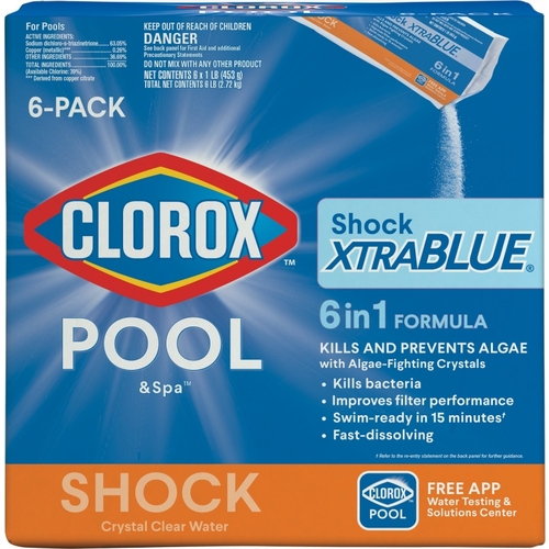 CLOROX 36006CLX POOL & Spa Shock XtraBlue Pool Chemical, 1 lb Bottle, Granular, Chlorine - pack of 6