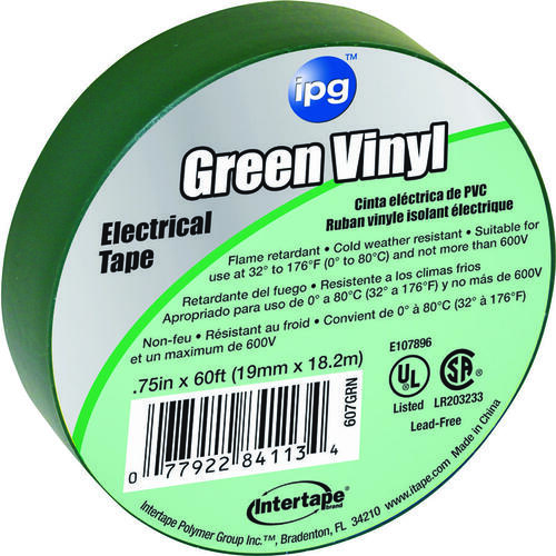 Electrical Tape, 60 ft L, 3/4 in W, PVC Backing, Green