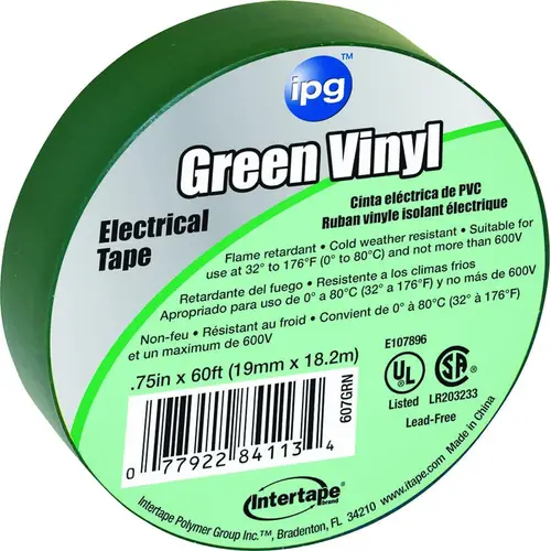 Electrical Tape, 60 ft L, 3/4 in W, PVC Backing, Green