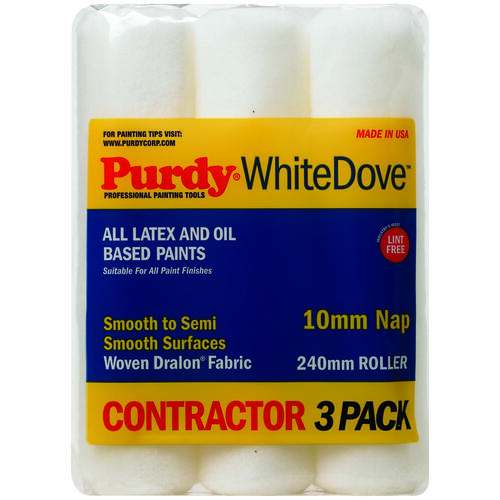 Purdy 13A863M00 White Dove Replacement Roller Cover, 3/8 in Thick Nap, 9-1/2 in L, Woven Dralon Fabric Cover - pack of 3