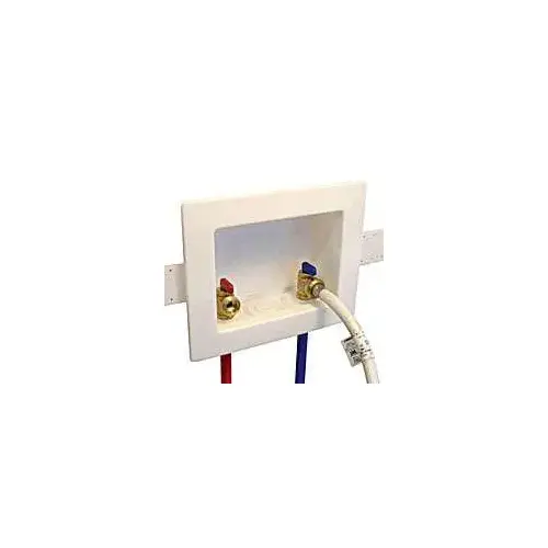 60250 Washing Machine Outlet Box, 1/2 x 3/4 in Connection, Brass, White