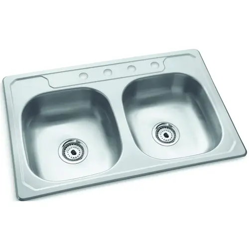 Middleton Series Kitchen Sink, 4-Faucet Hole, 33 in OAW, 22 in OAD, 6 in OAH, Stainless Steel Luster