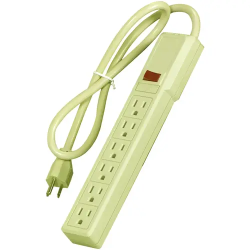 Power Strip, 14/3 AWG Cable, 3 ft L Cable, 6 -Socket, 15 A, 125 V, Ivory