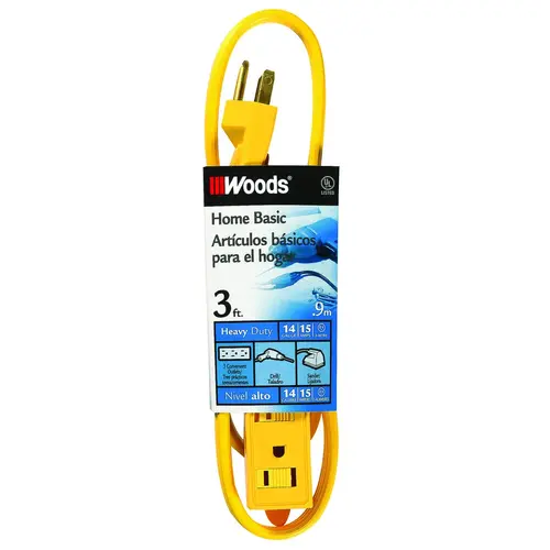 Extension Cord, 14 AWG Cable, 25 ft L, 15 A, 125 V, Yellow