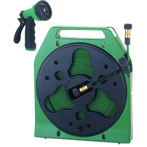 Hose Set, 50 ft L Hose, 50 ft Hose, In a Storage Case Winding, Built-In Handle, Polyester Green