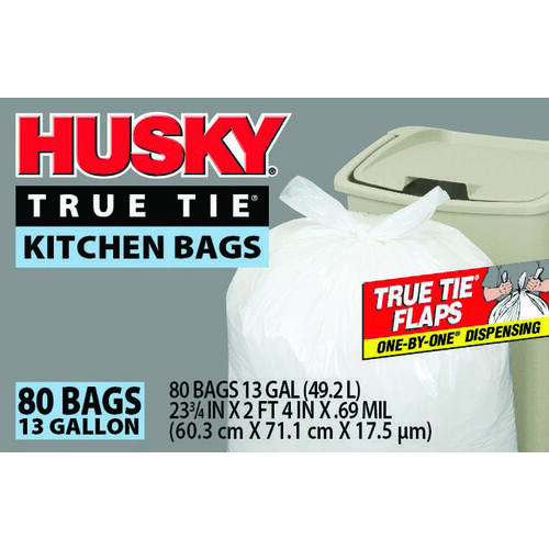Kitchen Trash Bag, 13 gal Capacity, Poly, White - pack of 80