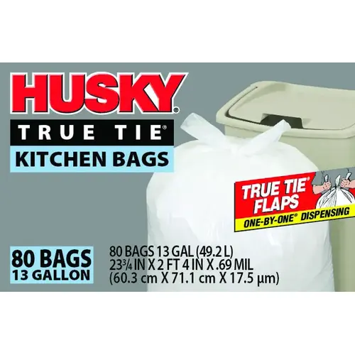 Husky HK13WC080W Kitchen Trash Bag, 13 gal Capacity, Poly, White - pack of 80