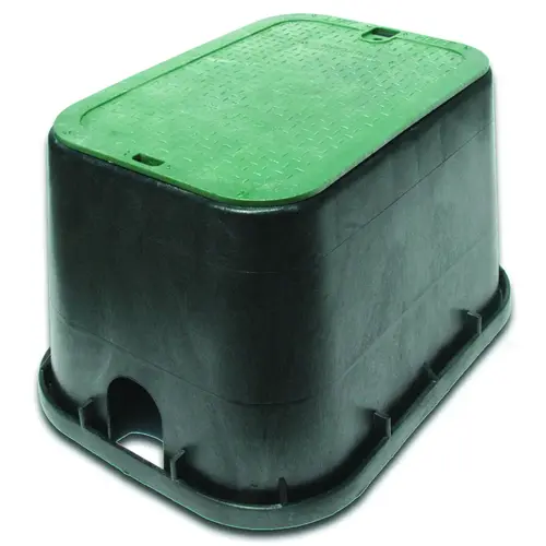 113BC Valve Box with Overlapping ICV Cover, 21 in L, 12 in H, 2-3/4 x 2-1/2 in Pipe Slots, Polyolefin Black/Green