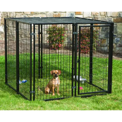 Dog Kennel with Sunblock Top, 5 ft OAL, 5 ft OAW, 4 ft OAH, Powder-Coated Black