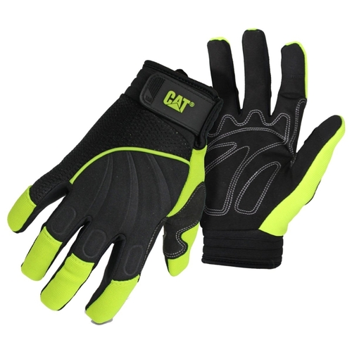 012224-M High-Visibility Mechanic Gloves, Men's, M, Adjustable Wrist Cuff, Synthetic Leather, Green