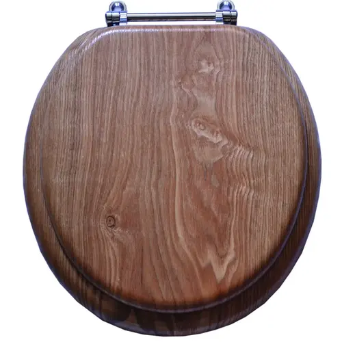 Toilet Seat, Round, MDF with Plastic Wood Veneer, Wood Color, Bar Hinge