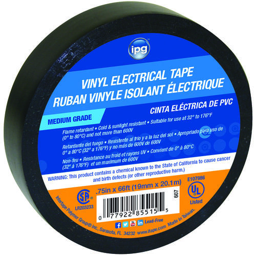 Electrical Tape, 66 ft L, 3/4 in W, PVC Backing