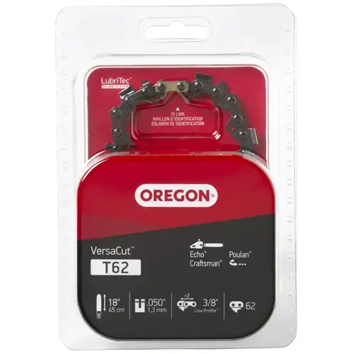 Oregon T62 VersaCut Chainsaw Chain, 18 in L Bar, 0.05 Gauge, 3/8 in TPI/Pitch, 62-Link