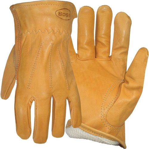 Boss 6133L Driver Gloves, L, Keystone Thumb, Open, Shirred Elastic Back Cuff, Cowhide Leather, Gold