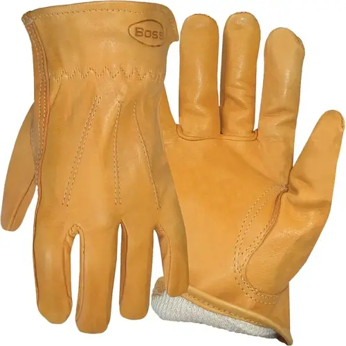 Boss 6133L Driver Gloves, L, Keystone Thumb, Open, Shirred Elastic Back Cuff, Cowhide Leather, Gold Pair