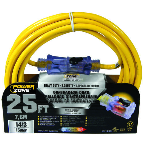 Extension Cord, 14 AWG Cable, 25 ft L, 15 A, 125 V, Yellow