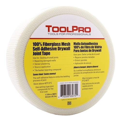 ToolPro TP03075 Mesh Tape, 300 ft L, 1-7/8 in W, Fiberglass, White