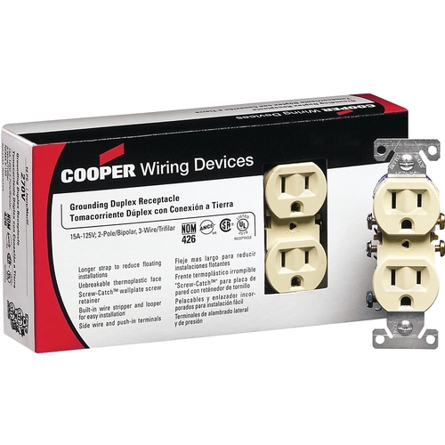 Eaton 270V-JP-C Duplex Receptacle, 2 -Pole, 15 A, 125 V, Push-in, Side Wiring, NEMA: 5-15R, Ivory - pack of 10