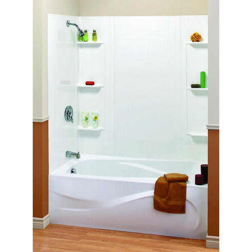 Bathtub Wall Kit, 31 in L, 48 to 60 in W, 59 in H, Polystyrene, Glue Up Installation, White