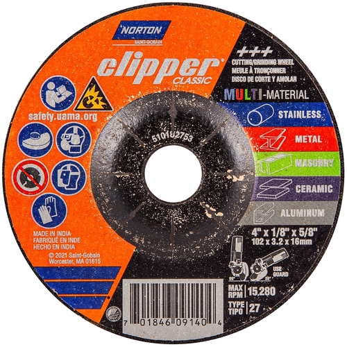 Norton 70184609140 Clipper Classic AC AO/SC Series Grinding and Cutting Wheel, 4 in Dia, 1/8 in Thick, 5/8 in Arbor