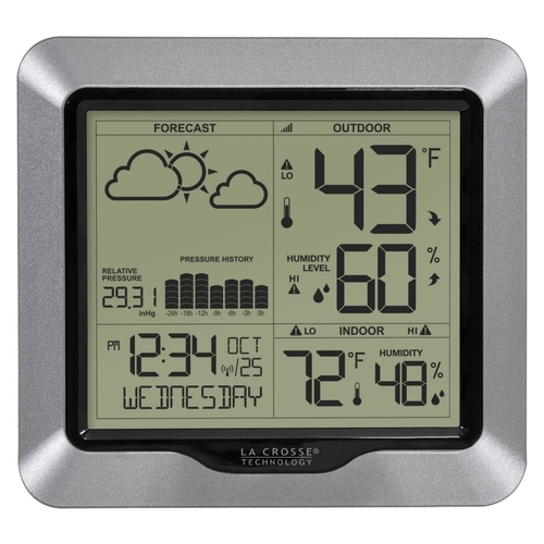 Weather Station, Battery, 32 to 99 deg F, 10 to 99 % Humidity Range, LCD Display