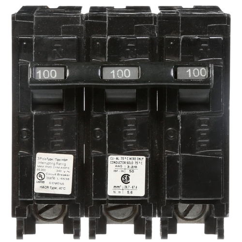Circuit Breaker, Low Voltage, Mini, Standard, 100 A, 3 -Pole, 240 VAC, Common Trip, Plug Mounting