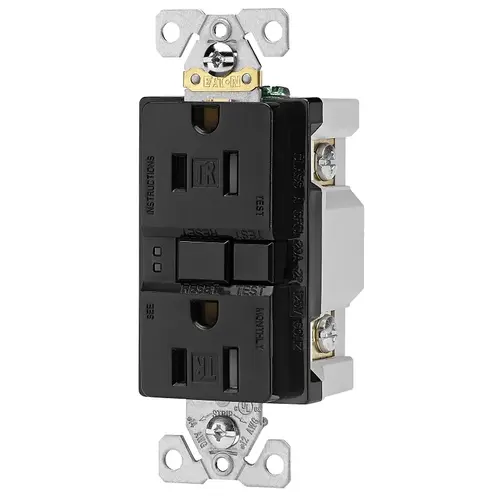 GFCI Outlet Box, 125 V, 15 A, NEMA: NEMA 5-15R, Back and Side Wiring, Black