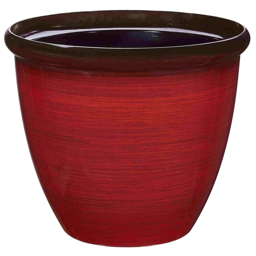 Planter, 15 in Dia, Round, Resin, Red Brushed Finish